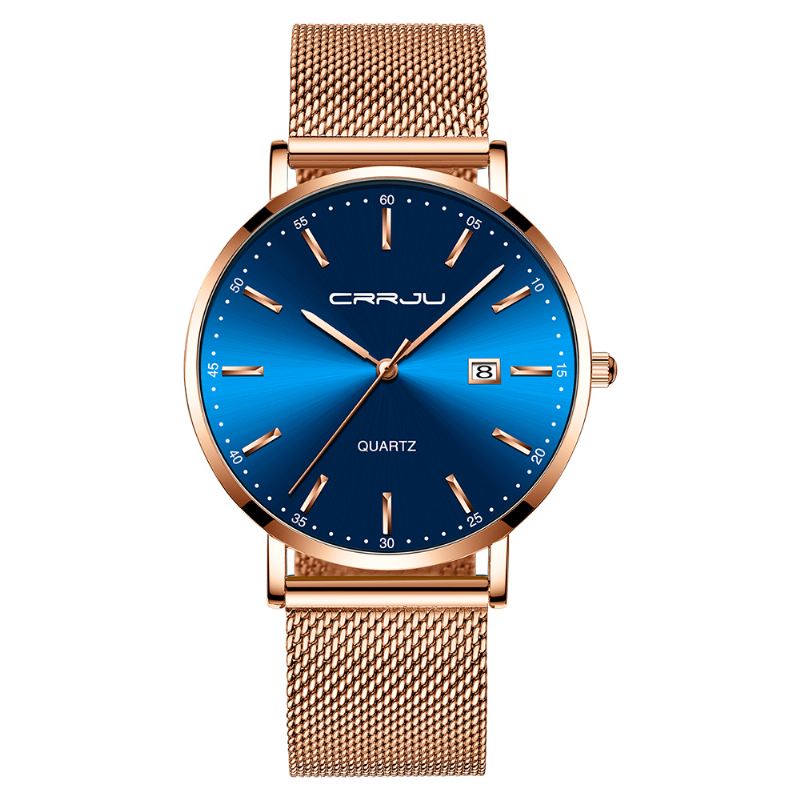 Business Style Dato Display Luksus Blue Dial Fuld Stålrem Herre Quartz Watch