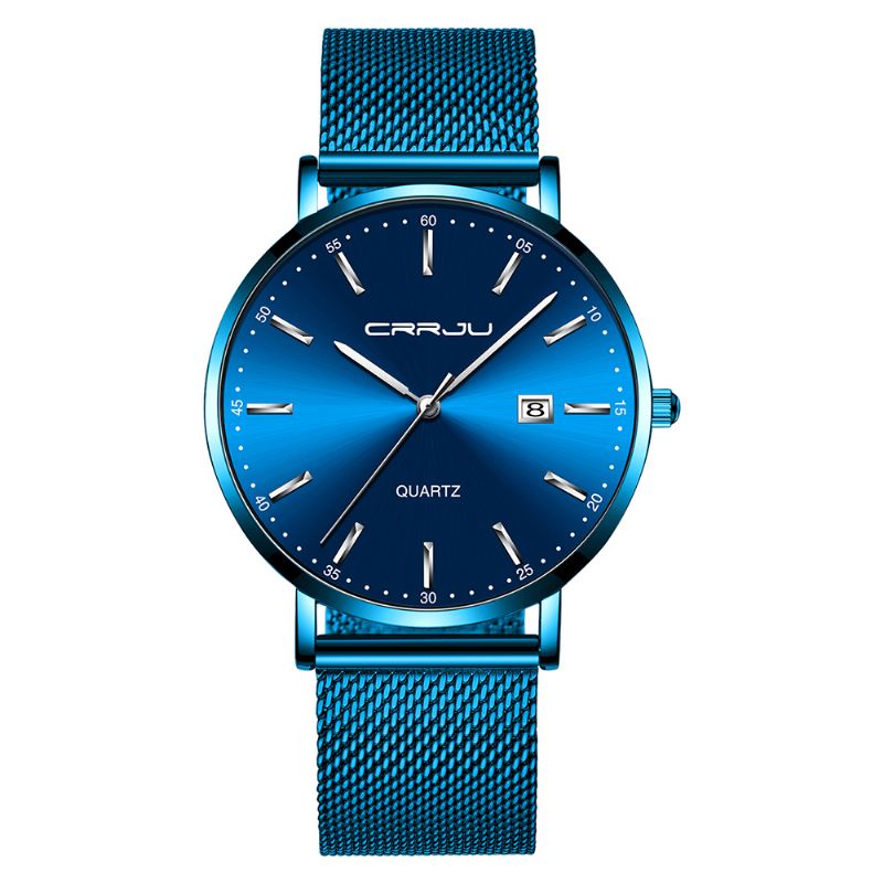 Business Style Dato Display Luksus Blue Dial Fuld Stålrem Herre Quartz Watch