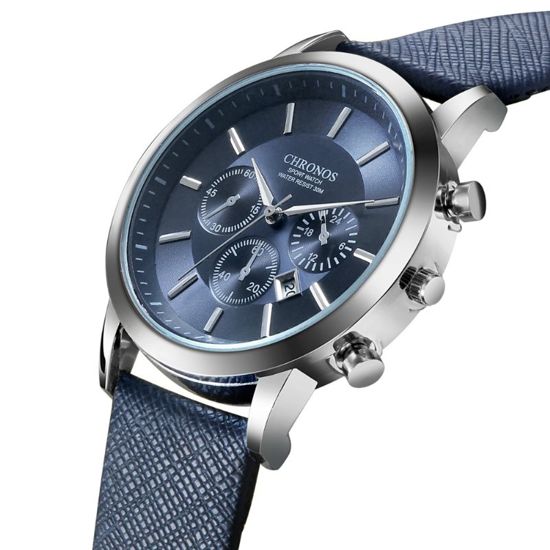 Casual Style Calendar Mænd Armbåndsur False Small Dials Læderrem Quartz Watch