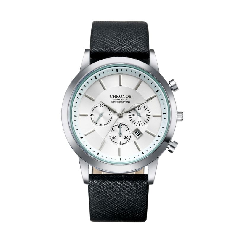 Casual Style Calendar Mænd Armbåndsur False Small Dials Læderrem Quartz Watch