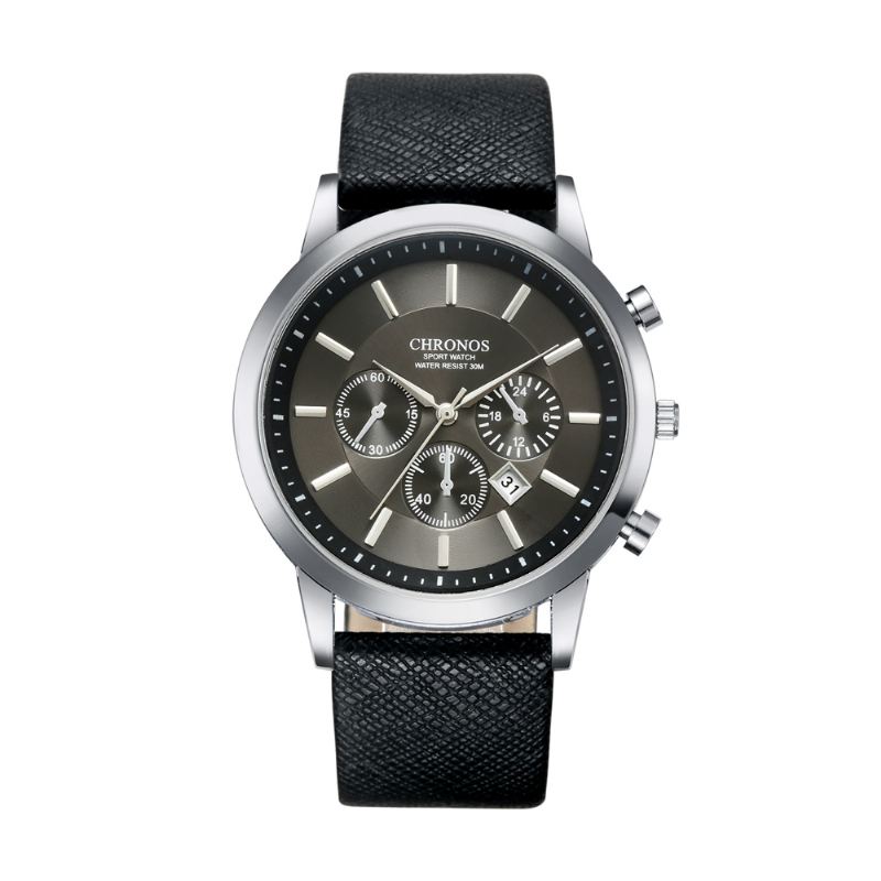 Casual Style Calendar Mænd Armbåndsur False Small Dials Læderrem Quartz Watch