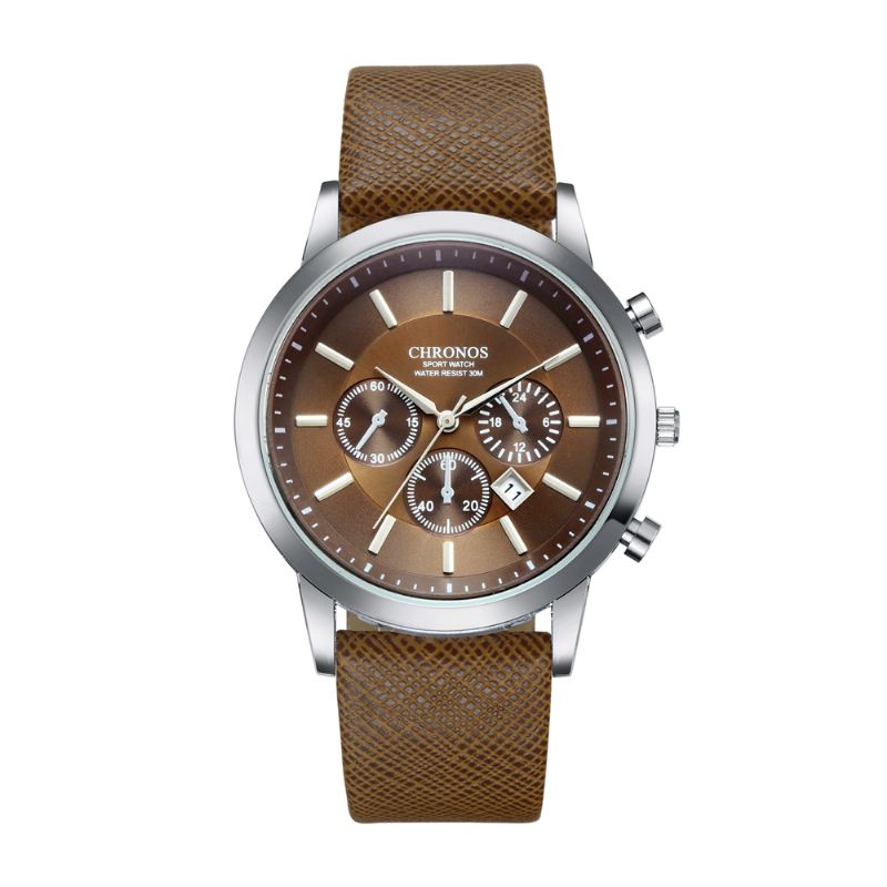 Casual Style Calendar Mænd Armbåndsur False Small Dials Læderrem Quartz Watch