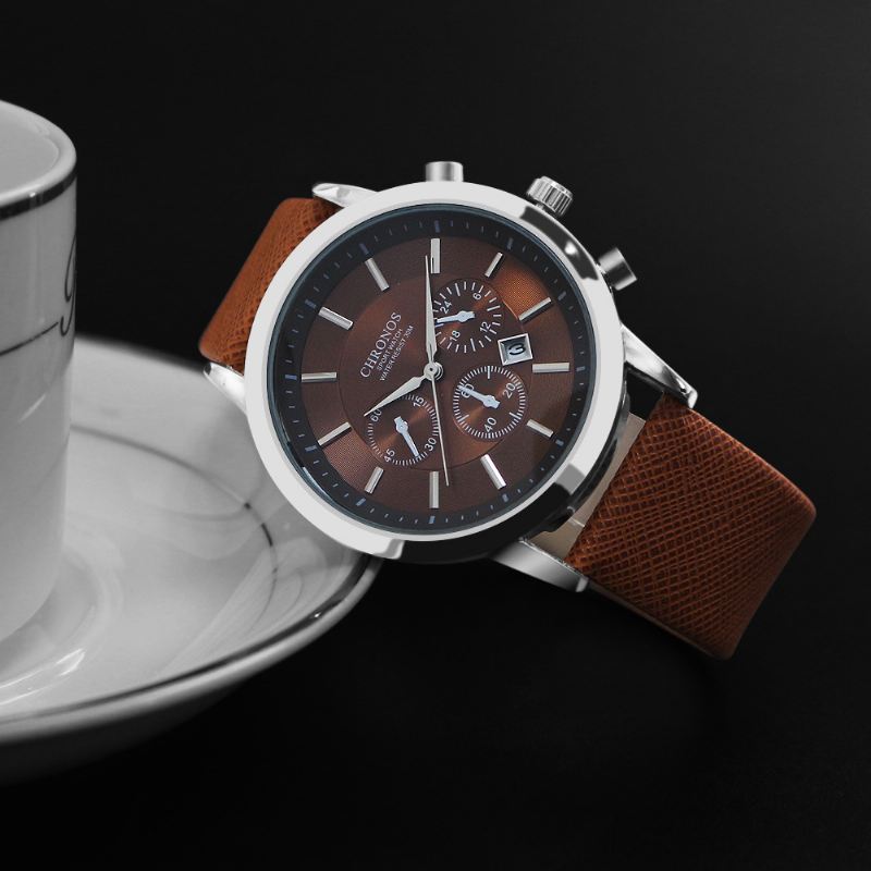 Casual Style Calendar Mænd Armbåndsur False Small Dials Læderrem Quartz Watch