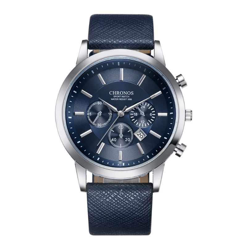 Casual Style Calendar Mænd Armbåndsur False Small Dials Læderrem Quartz Watch