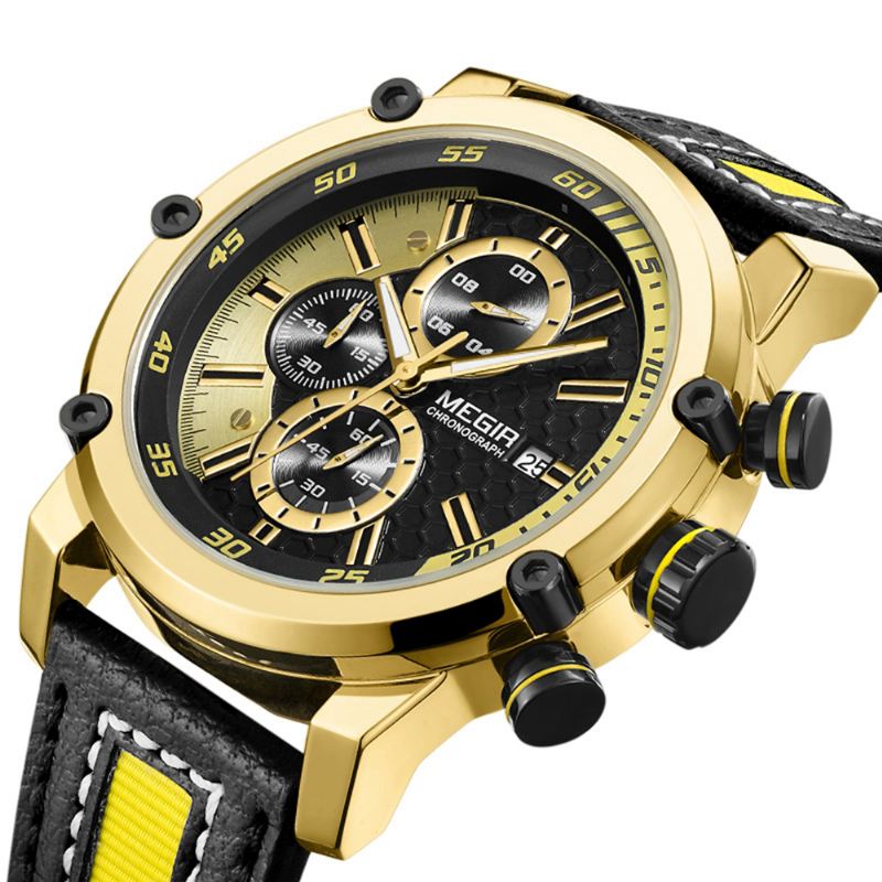 Chronograph Sport Mænd Watch Dato Display Læderrem Quartz Ure