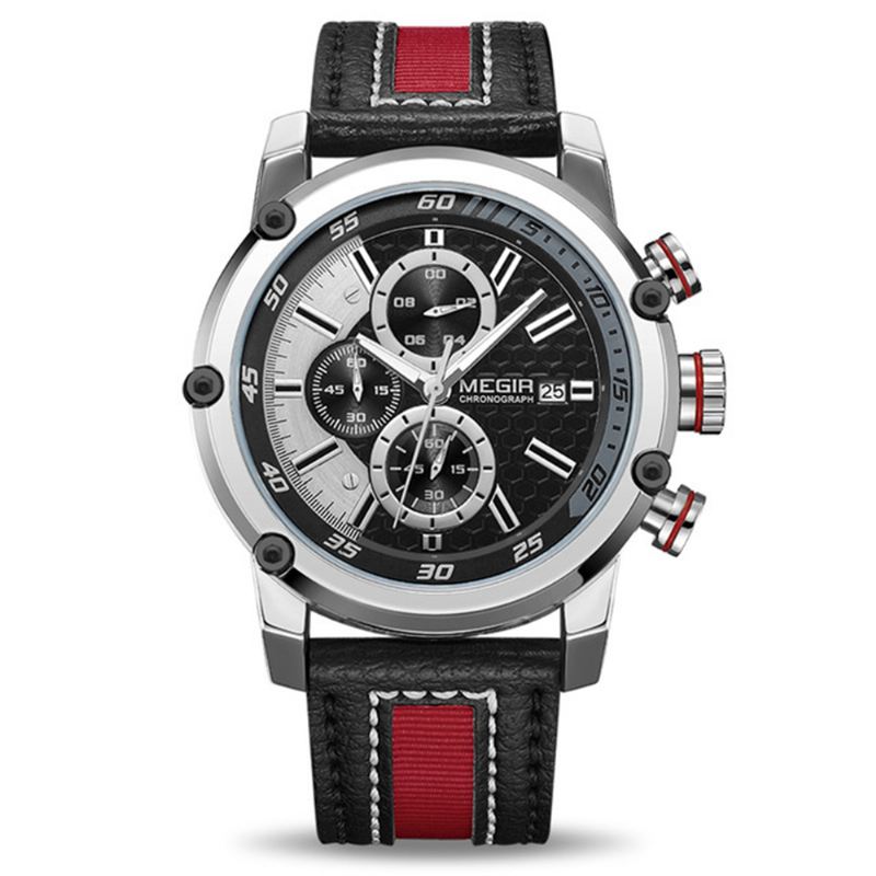 Chronograph Sport Mænd Watch Dato Display Læderrem Quartz Ure