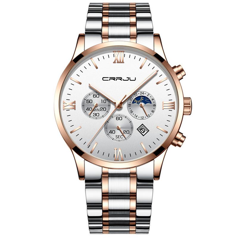 Creative Sun Moon Mænd Business Style Chrono 316l Rustfrit Stålrem Quartz Watch