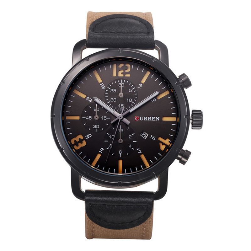 Dato Display Casual Style Mænd Armbåndsur Læderrem Analog Quartz Watch