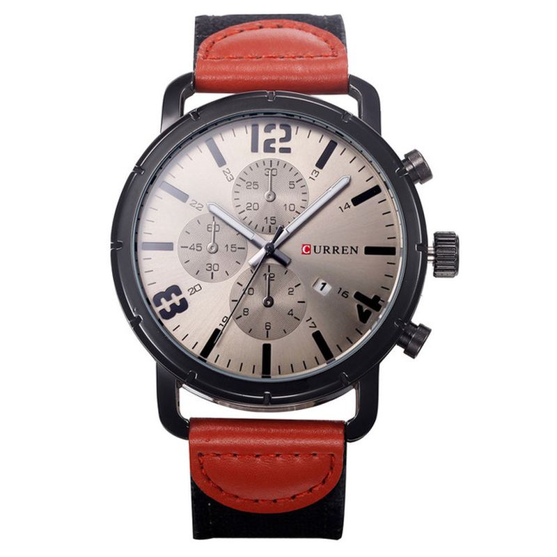 Dato Display Casual Style Mænd Armbåndsur Læderrem Analog Quartz Watch