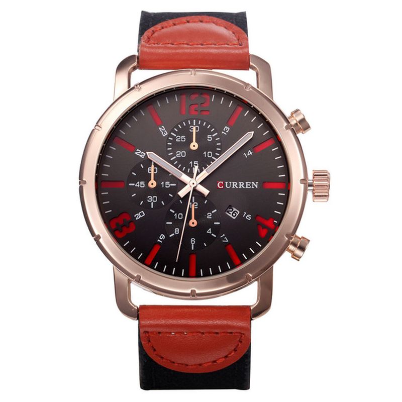 Dato Display Casual Style Mænd Armbåndsur Læderrem Analog Quartz Watch