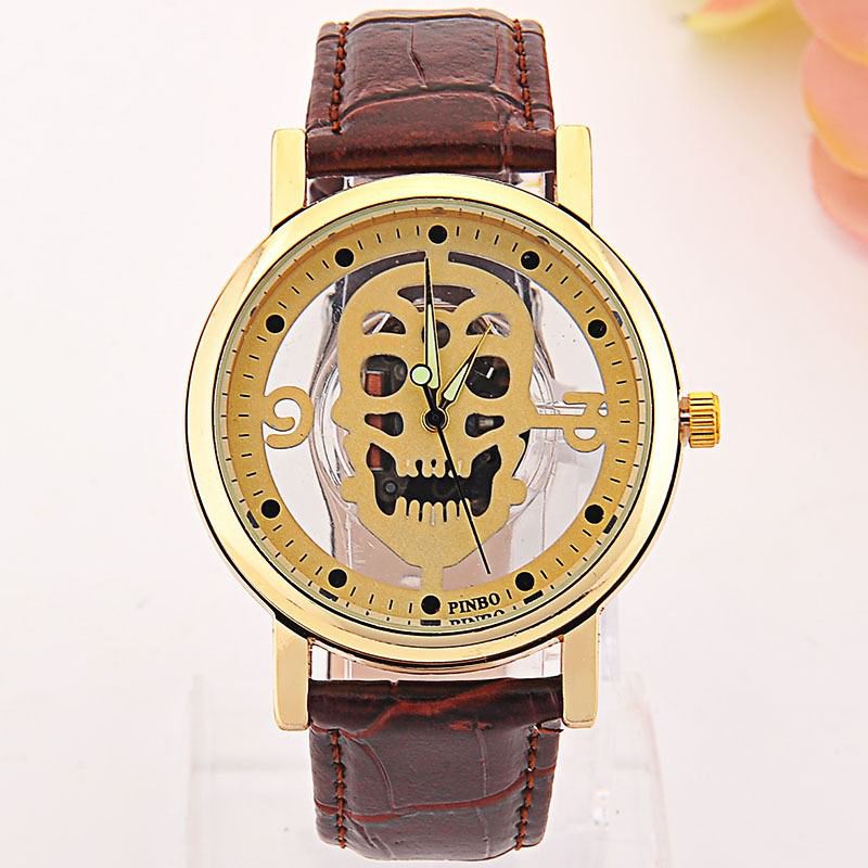 Hollow-out Skull Real Belt Quartz Watch Mode Dobbeltsidet Vintage Herre Dame Watch