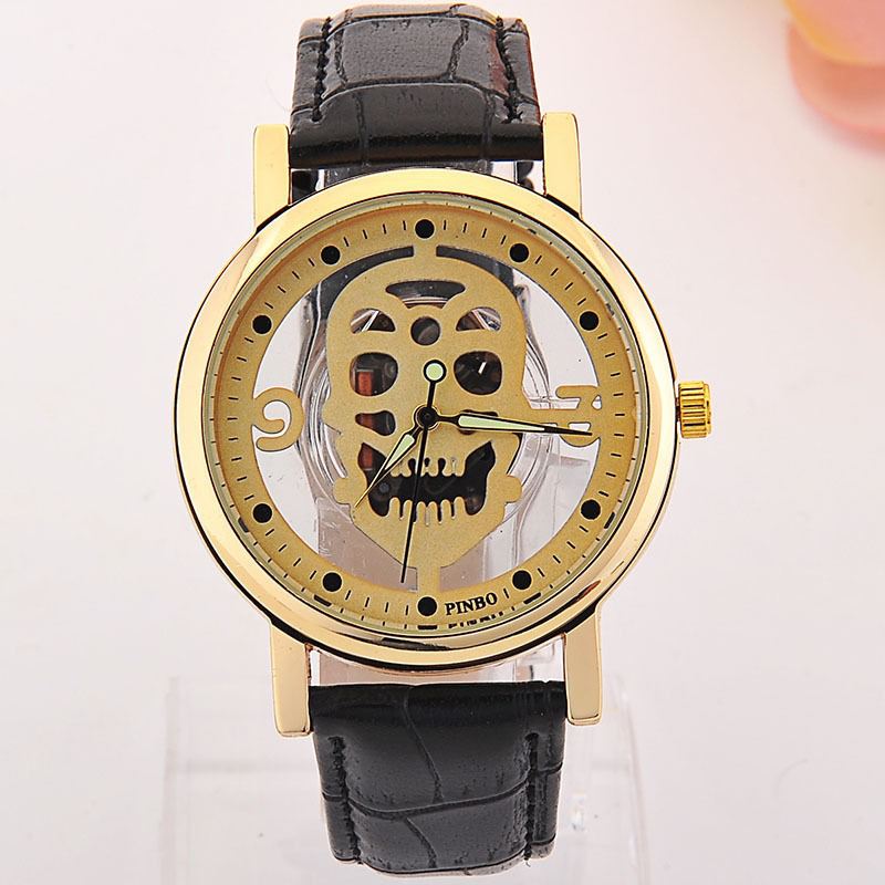 Hollow-out Skull Real Belt Quartz Watch Mode Dobbeltsidet Vintage Herre Dame Watch