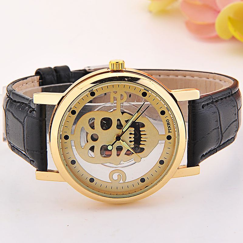 Hollow-out Skull Real Belt Quartz Watch Mode Dobbeltsidet Vintage Herre Dame Watch