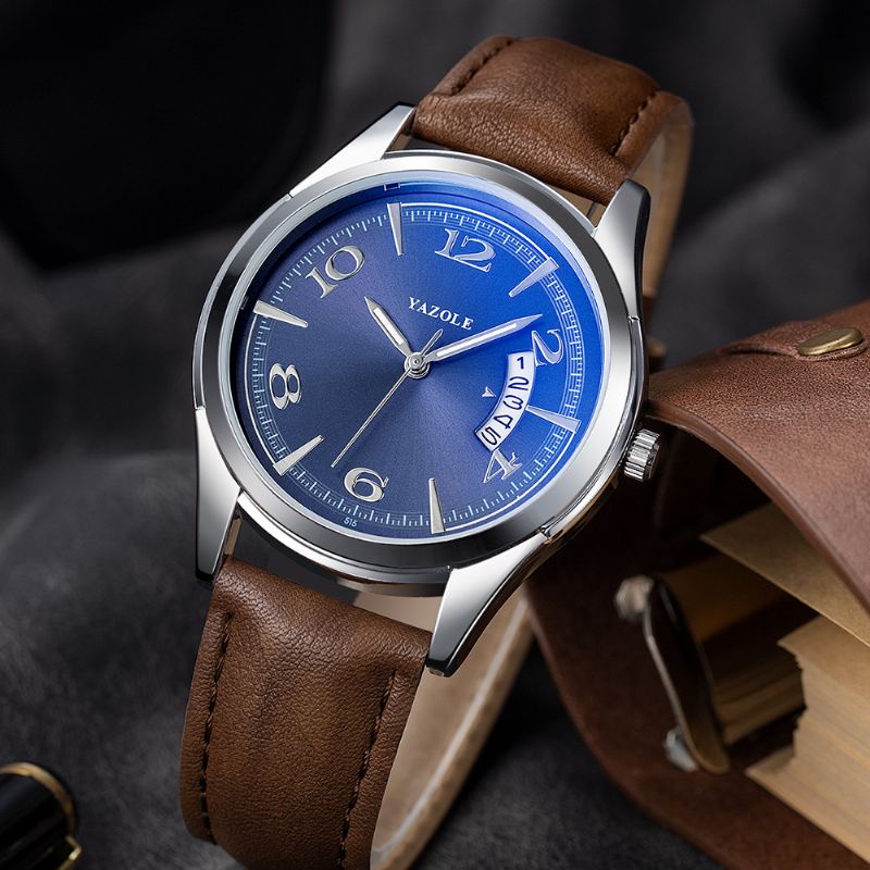 Kalender Dato Vis Mode Læderrem Mænd Casual Dial Lysende Vis Quartz Watch