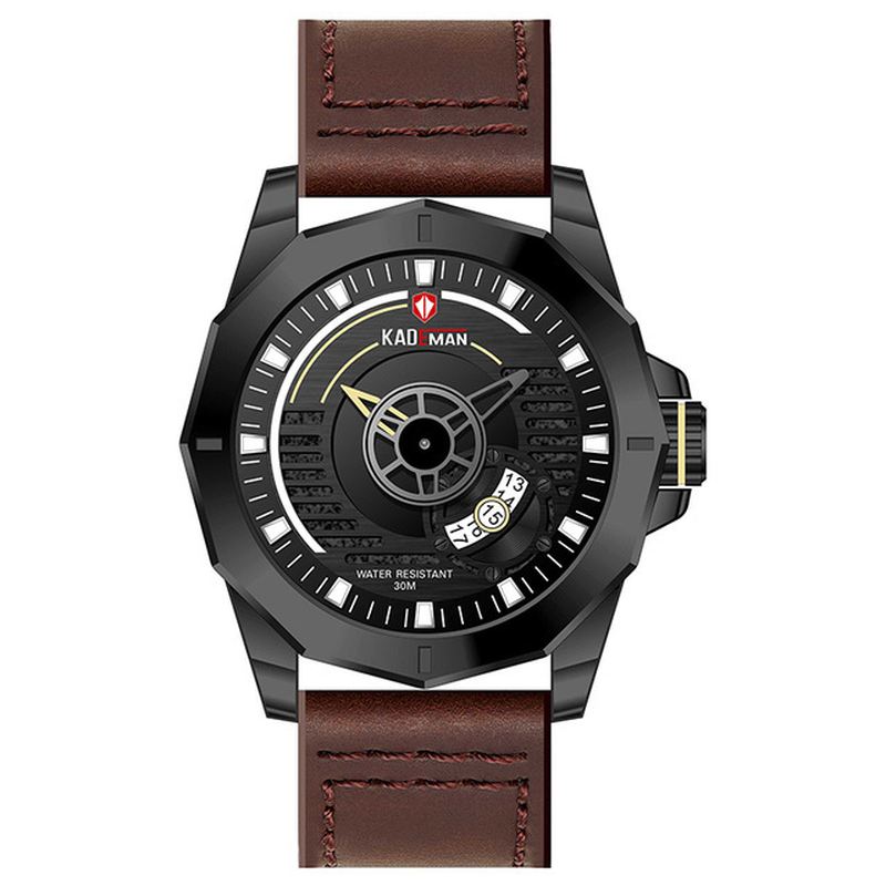 Kalender Læder Band Quartz Watch Vandtæt Casual Style Herreur