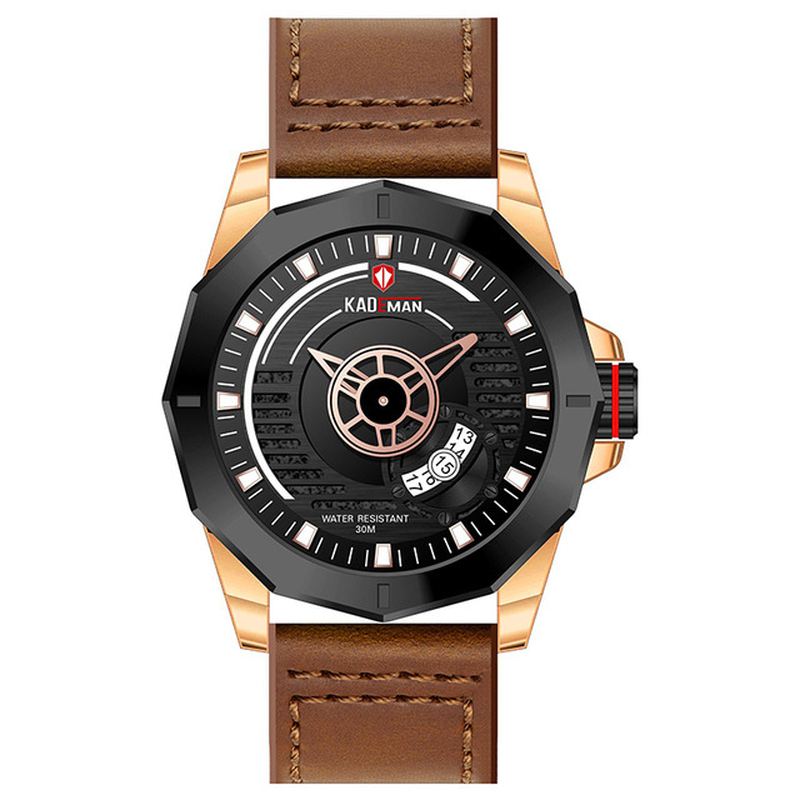 Kalender Læder Band Quartz Watch Vandtæt Casual Style Herreur