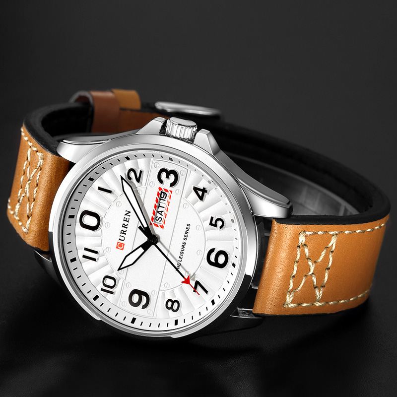 Kalender Lysende Display Læder Band Quartz Watch Stålkasse Herreur