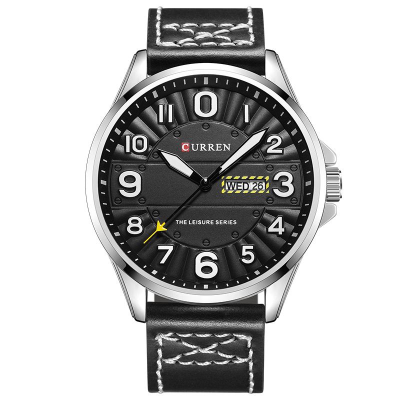 Kalender Lysende Display Læder Band Quartz Watch Stålkasse Herreur