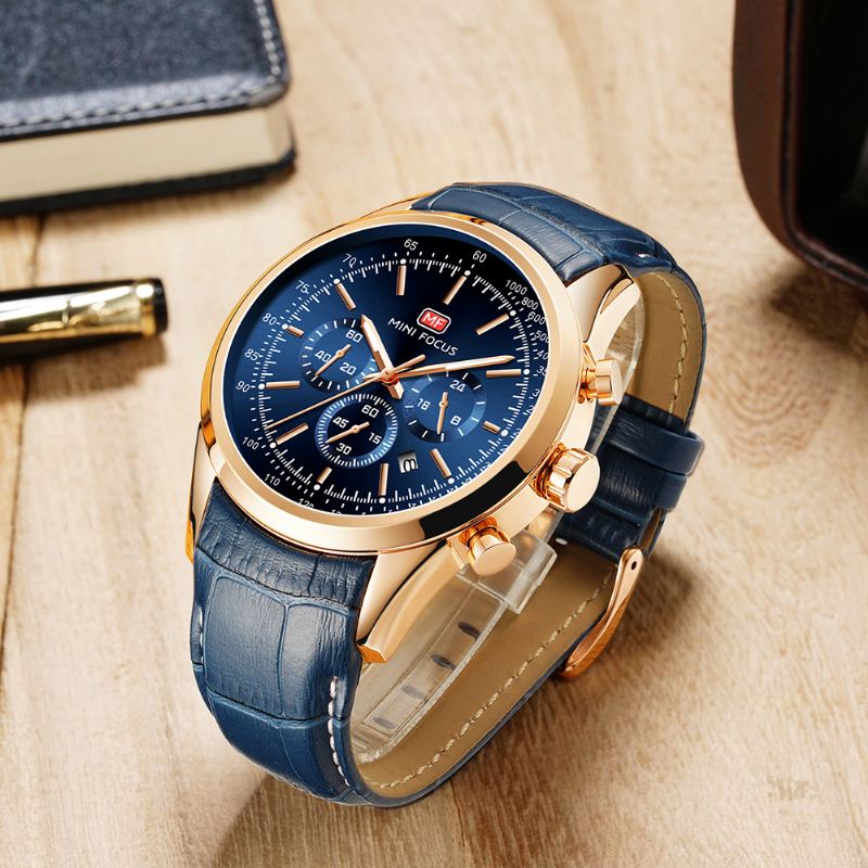 Læder Business Chronograph Calendar Vandtæt Herreur Quartz Watch