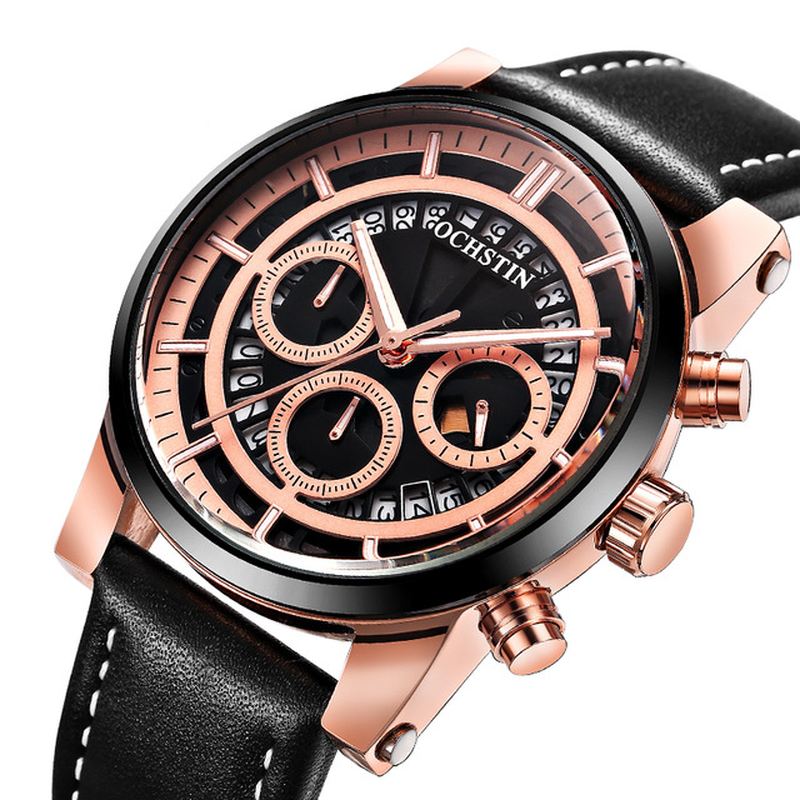 Lysende Display Mænd Armbåndsur Chronograph Læderrem Quartz Ure