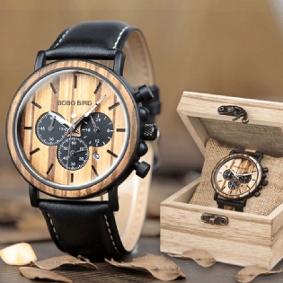 Mænd Casual Wooden Date Display Armbåndsure Quartz Watch Med Æske