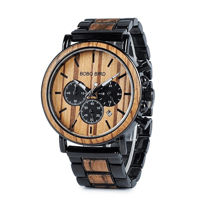 Mænd Casual Wooden Date Display Armbåndsure Quartz Watch Med Æske