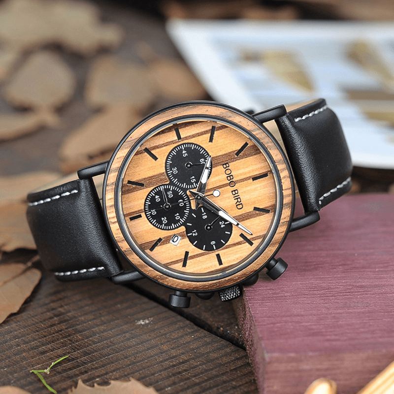 Mænd Casual Wooden Date Display Armbåndsure Quartz Watch Med Æske