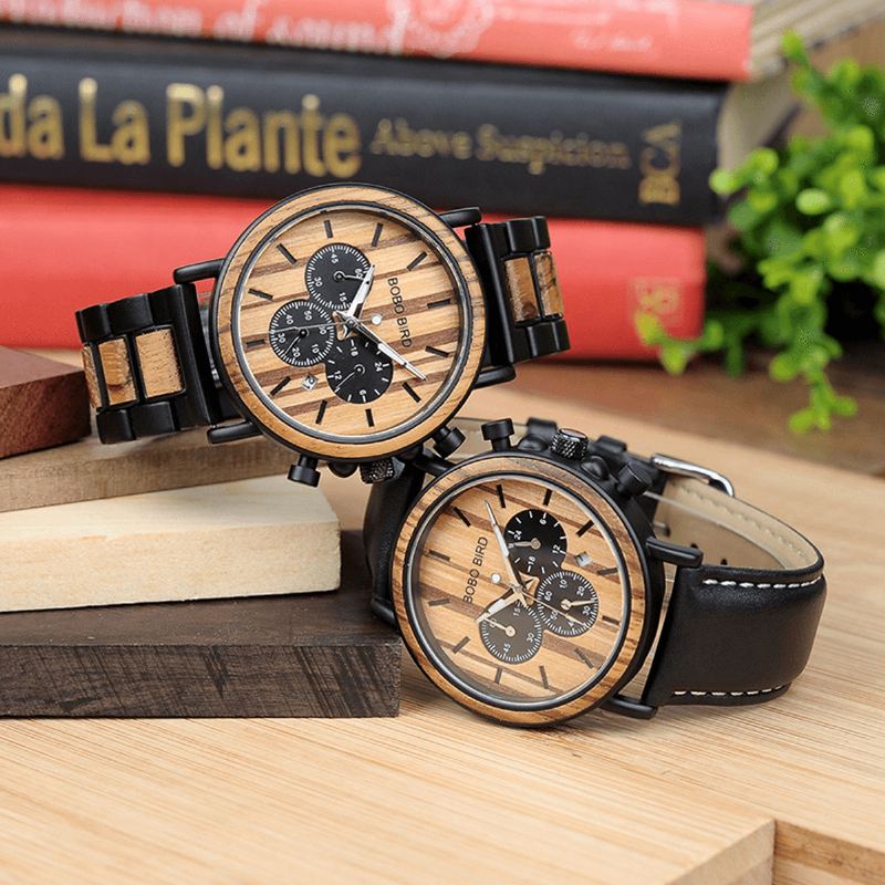 Mænd Casual Wooden Date Display Armbåndsure Quartz Watch Med Æske