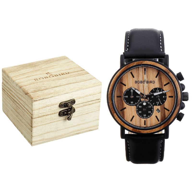 Mænd Casual Wooden Date Display Armbåndsure Quartz Watch Med Æske