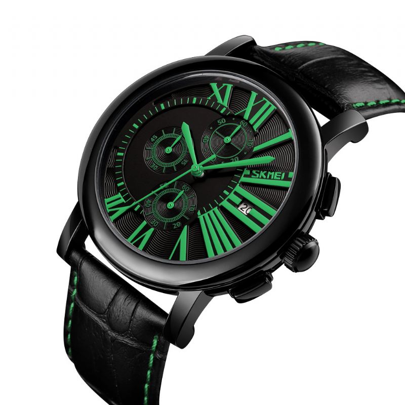 Mænd Mode Læderrem Stopur Dato Vis Romertal Sport Quartz Watch