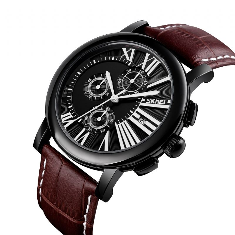 Mænd Mode Læderrem Stopur Dato Vis Romertal Sport Quartz Watch