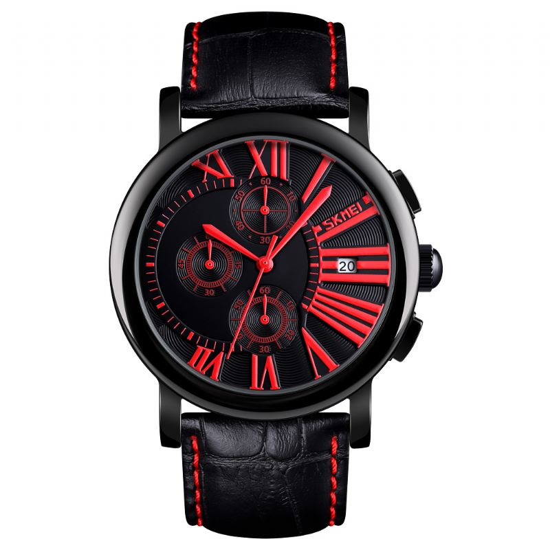 Mænd Mode Læderrem Stopur Dato Vis Romertal Sport Quartz Watch