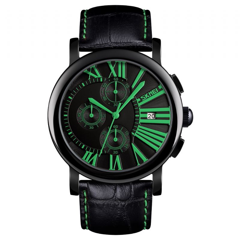 Mænd Mode Læderrem Stopur Dato Vis Romertal Sport Quartz Watch