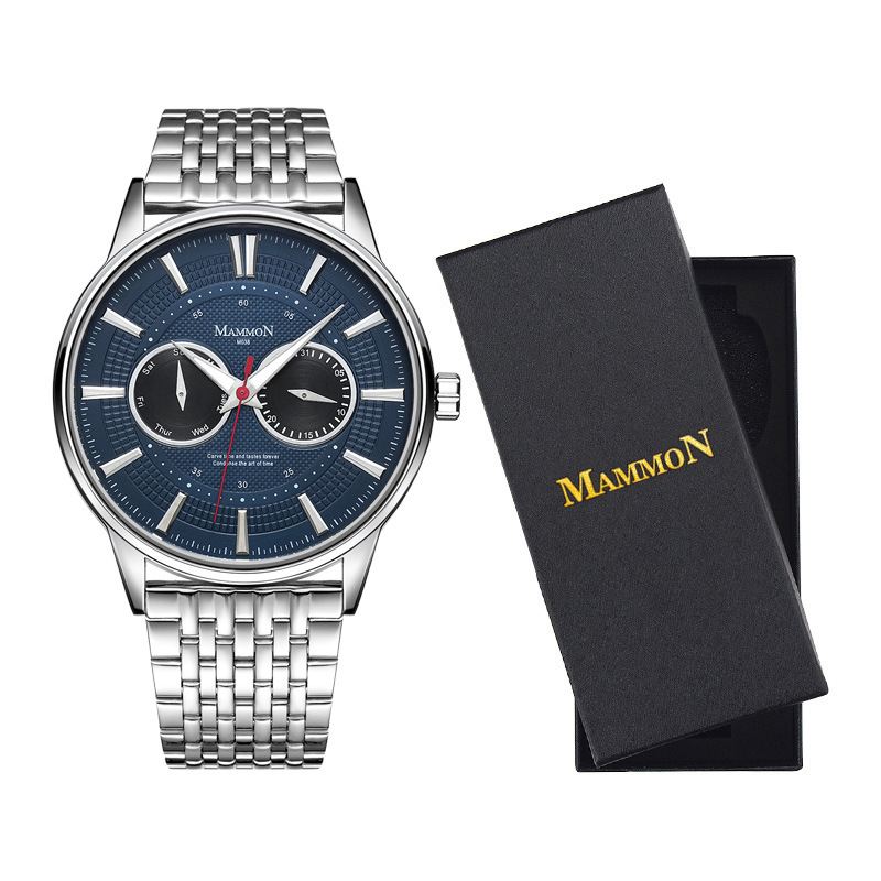 Mammon M038 Business Large Dial Luminous Pointer Week Calendar Display Steel Band 3atm Vandtæt Herre Quartz Watch