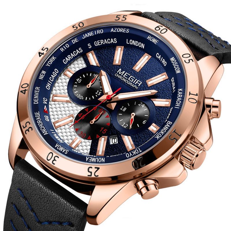 Militær Chronograph Calendar Lysende Mænd Armbåndsur Læderrem Quartz Watch