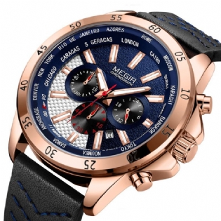 Militær Chronograph Calendar Lysende Mænd Armbåndsur Læderrem Quartz Watch