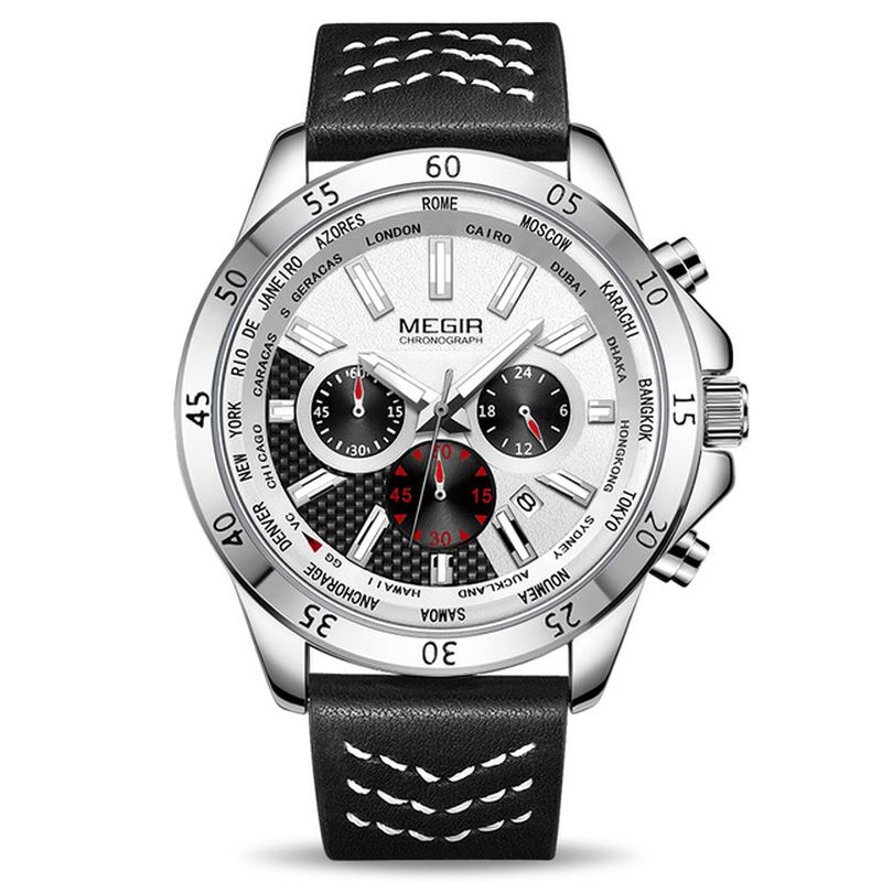 Militær Chronograph Calendar Lysende Mænd Armbåndsur Læderrem Quartz Watch