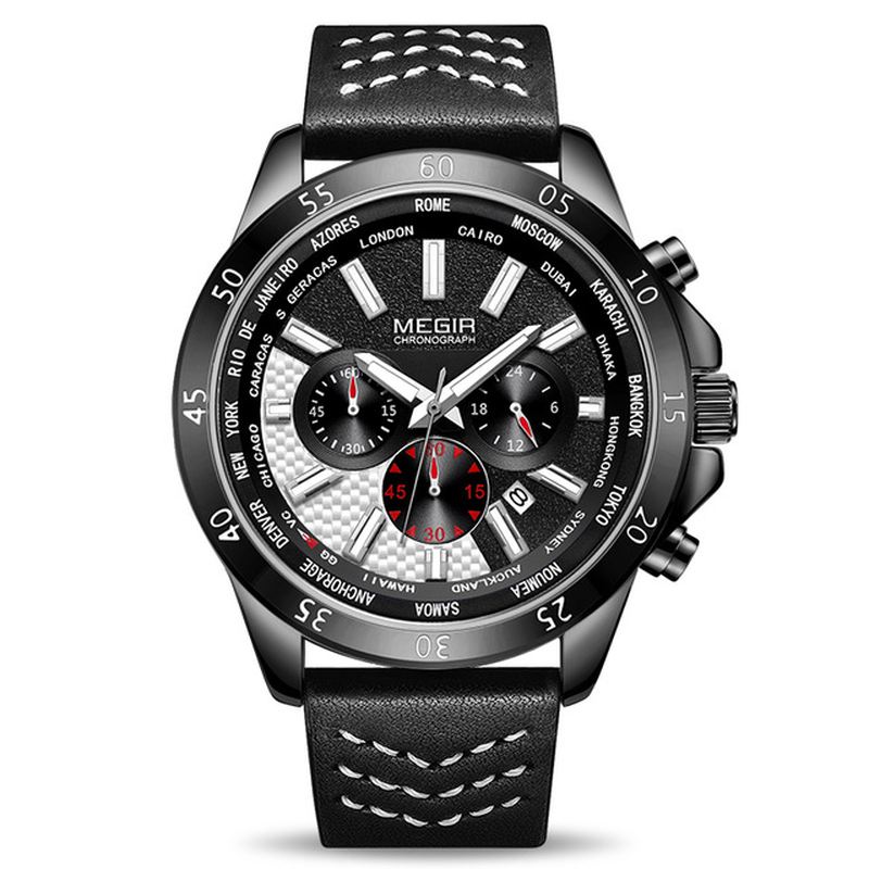 Militær Chronograph Calendar Lysende Mænd Armbåndsur Læderrem Quartz Watch