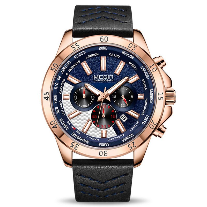 Militær Chronograph Calendar Lysende Mænd Armbåndsur Læderrem Quartz Watch