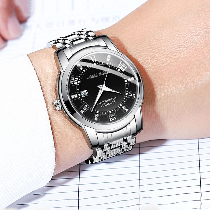 Mode Business Diamond Dial Lysende Pointer Kalender Dato Visning Stål / Pu Læderrem Vandtæt Herre Quartz Watch