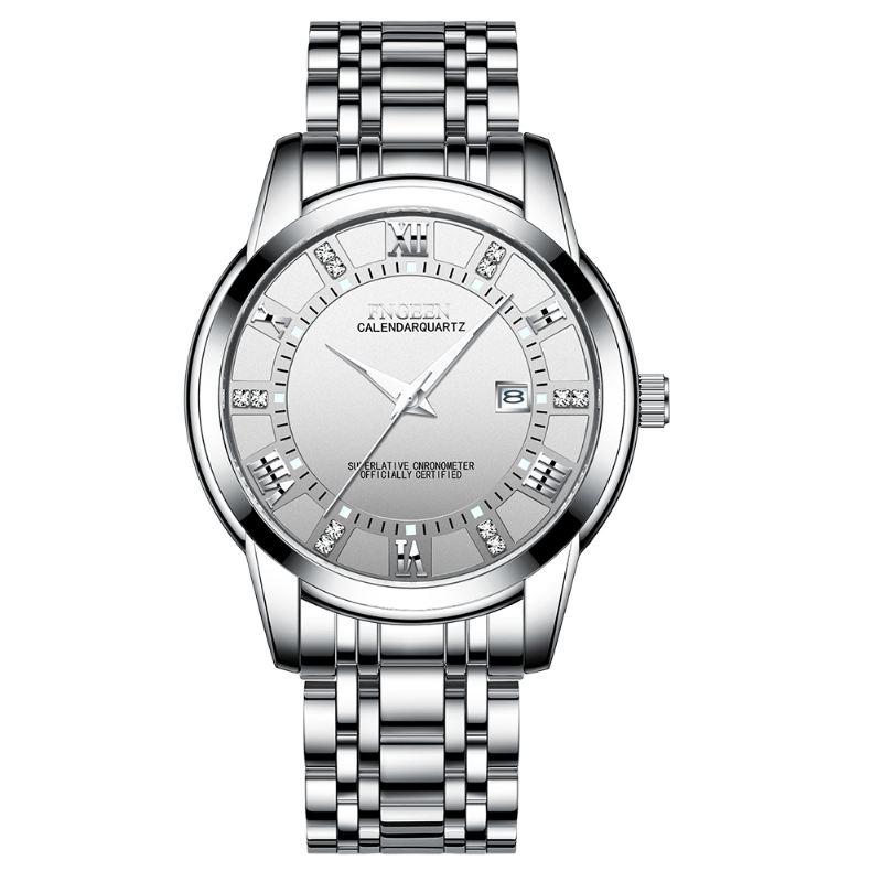 Mode Business Diamond Dial Lysende Pointer Kalender Dato Visning Stål / Pu Læderrem Vandtæt Herre Quartz Watch