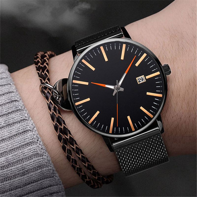 Mode Casual Mænd Business Watch Dekoreret Strap Pointer Calendar Quartz Watch