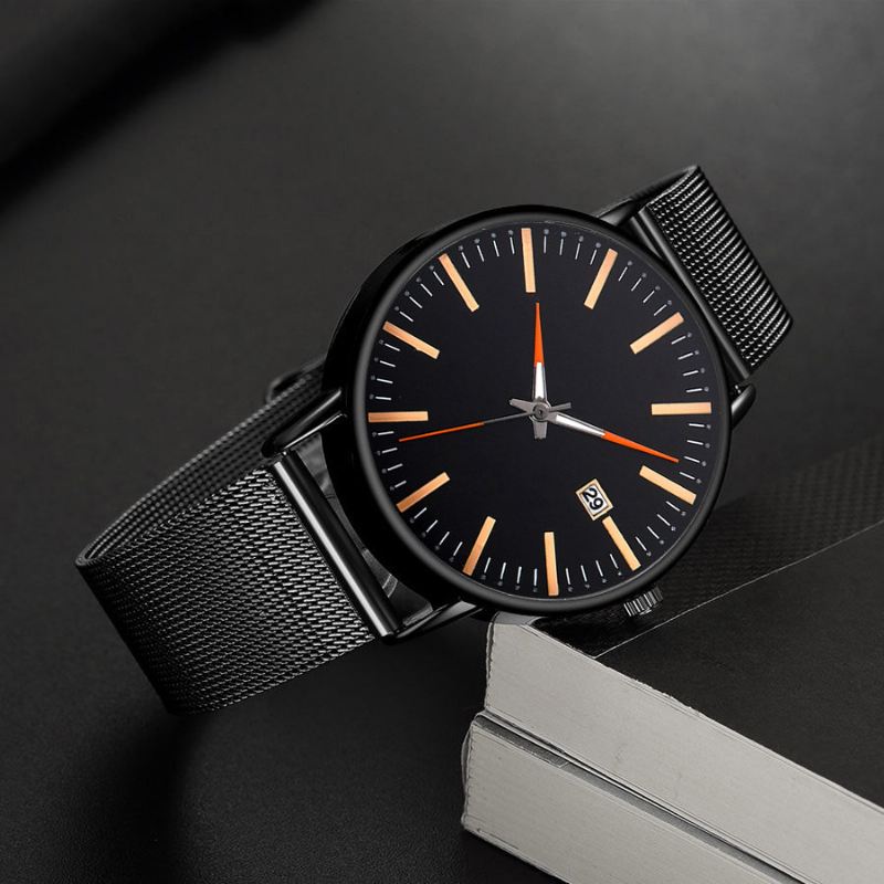 Mode Casual Mænd Business Watch Dekoreret Strap Pointer Calendar Quartz Watch