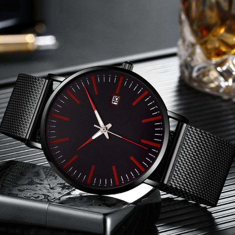 Mode Casual Mænd Business Watch Dekoreret Strap Pointer Calendar Quartz Watch