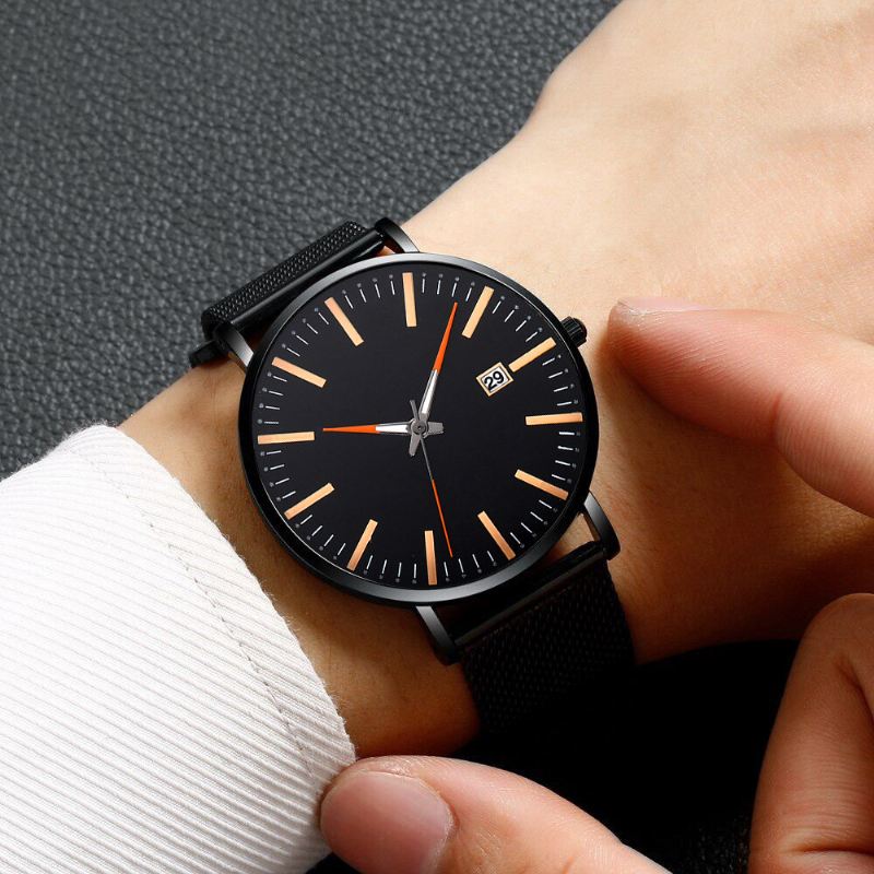 Mode Casual Mænd Business Watch Dekoreret Strap Pointer Calendar Quartz Watch