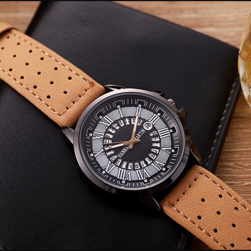 Mode Casual Romertal Creative Dial Dato Display Læderrem Mænd Quartz Watch