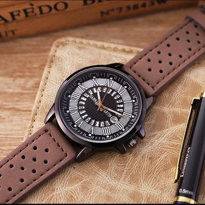 Mode Casual Romertal Creative Dial Dato Display Læderrem Mænd Quartz Watch