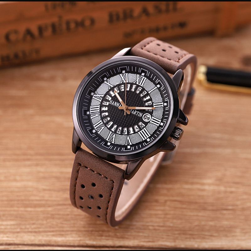 Mode Casual Romertal Creative Dial Dato Display Læderrem Mænd Quartz Watch