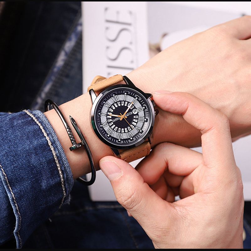 Mode Casual Romertal Creative Dial Dato Display Læderrem Mænd Quartz Watch