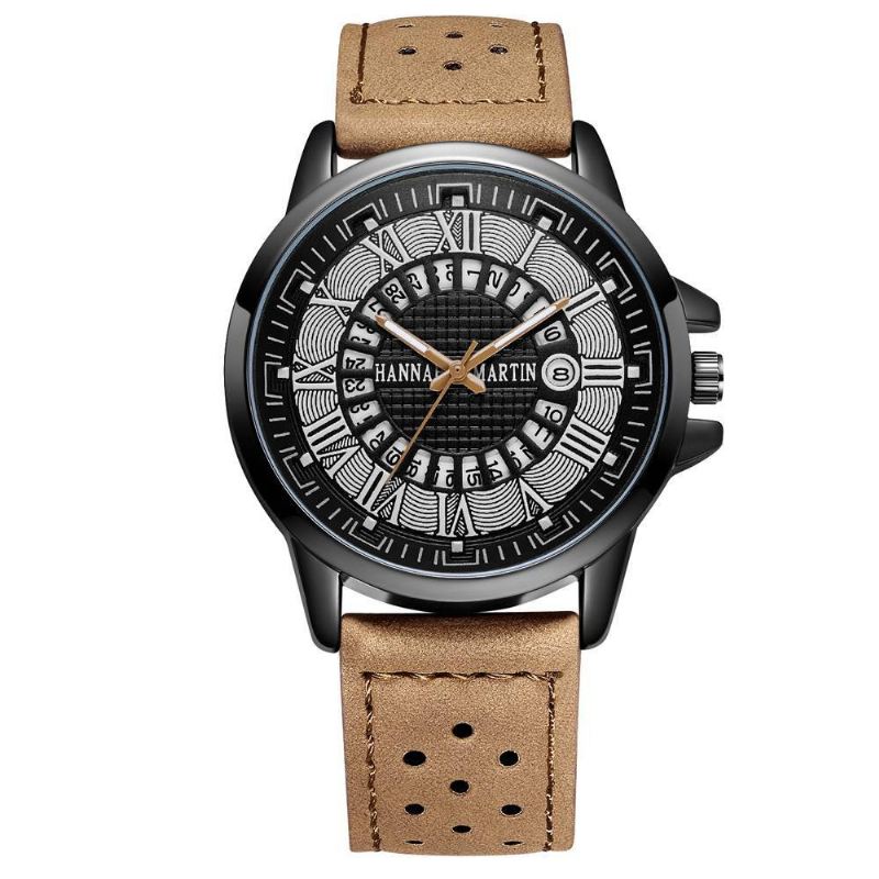 Mode Casual Romertal Creative Dial Dato Display Læderrem Mænd Quartz Watch